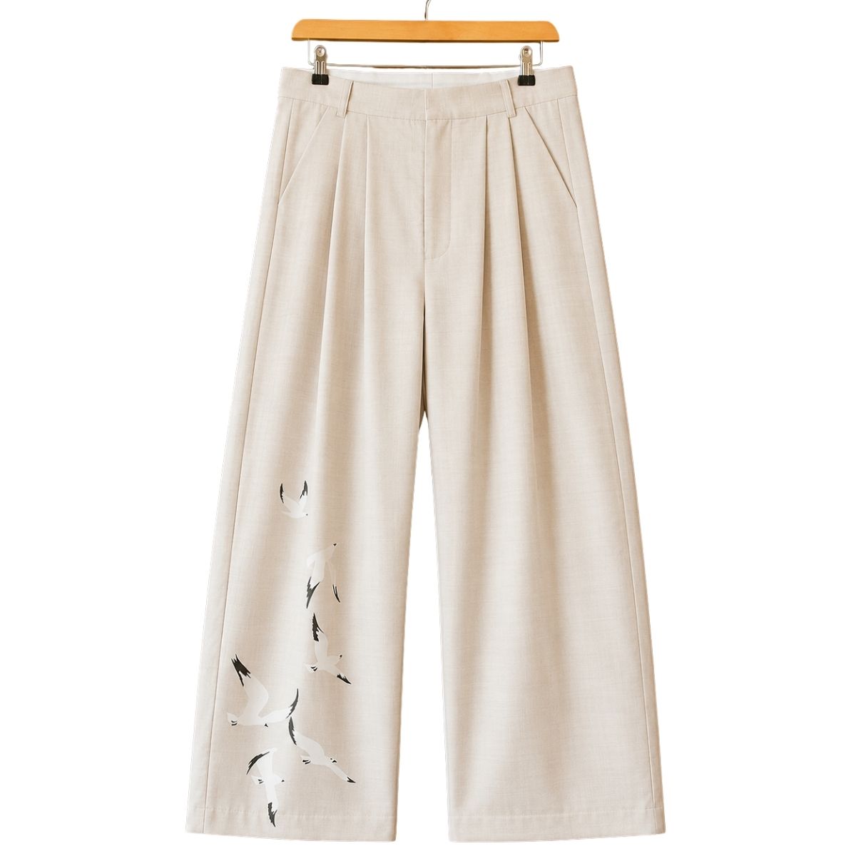 Pleated Wool Flock Trousers in Cream Front Pleated Wool Flock Trousers in Cream front view