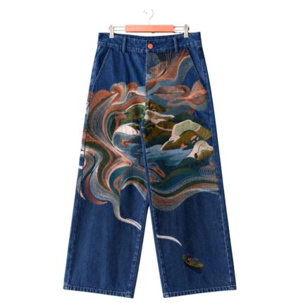 Vortex Landscape Embroidered Wide-Leg Jeans Indigo front view