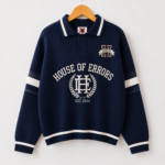 Men's Navy Blue Oversized Varsity Polo Collar Sweatshirt front view
