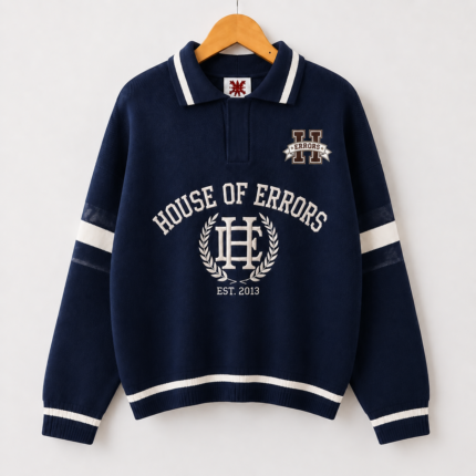 Men's Navy Blue Oversized Varsity Polo Collar Sweatshirt front view
