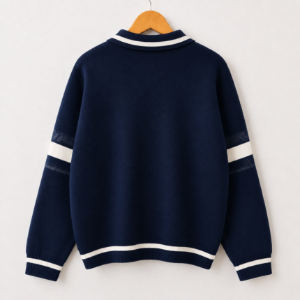 Men's Navy Blue Oversized Varsity Polo Collar Sweatshirt back view