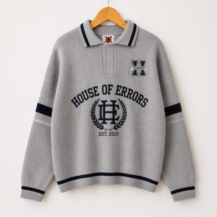 Men's Light Grey Oversized Varsity Polo Collar Sweatshirt