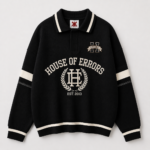 Men's Black Oversized Varsity Polo Collar Sweatshirt front view