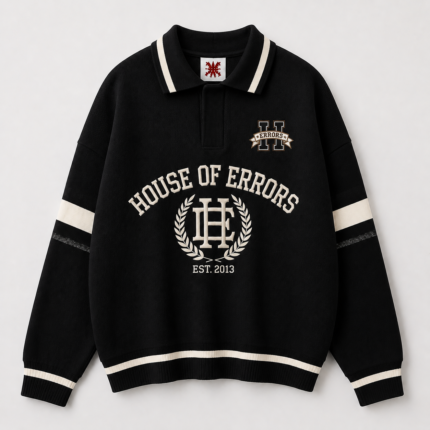Men's Black Oversized Varsity Polo Collar Sweatshirt front view