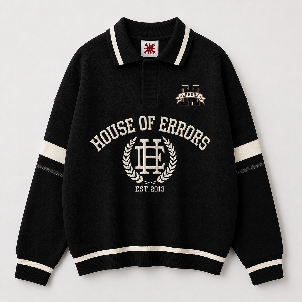Men's Black Oversized Varsity Polo Collar Sweatshirt - Front View Men's Black Oversized Varsity Polo Collar Sweatshirt front view