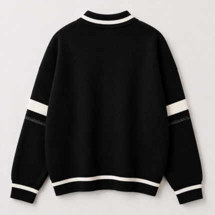 Men's Black Oversized Varsity Polo Collar Sweatshirt - Back View