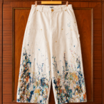 Men's Cream Carpenter Jeans front view with wide leg fit