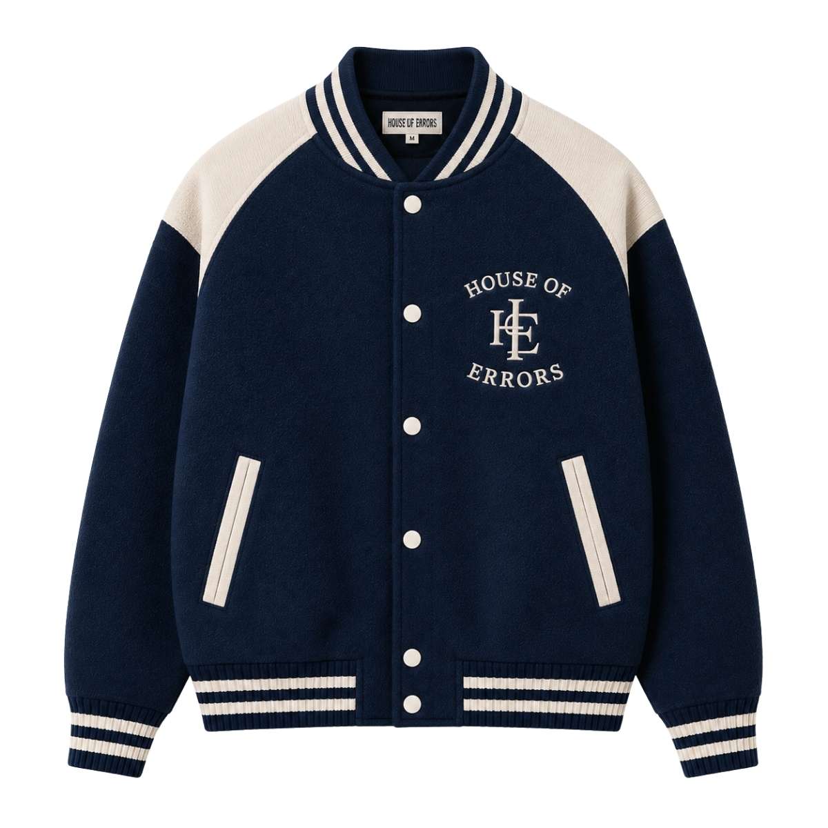 Classic Varsity Jacket – Navy front view Classic Varsity Jacket – Navy Front View