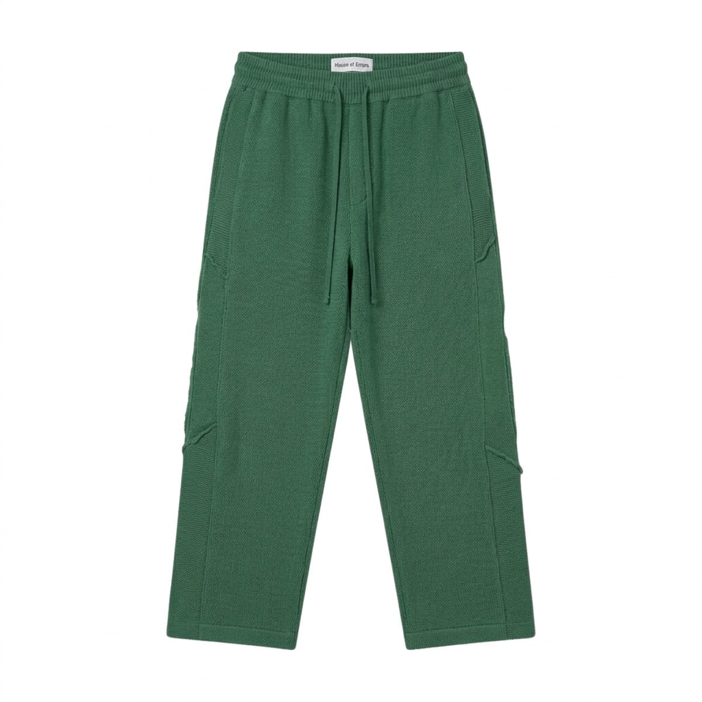 Men’s Green Knit Trousers Front View Men’s Green Knit Trousers front view showing knitted design and fit
