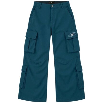 House Of Errors Teal Blue Cargo Trousers front view showing cargo design