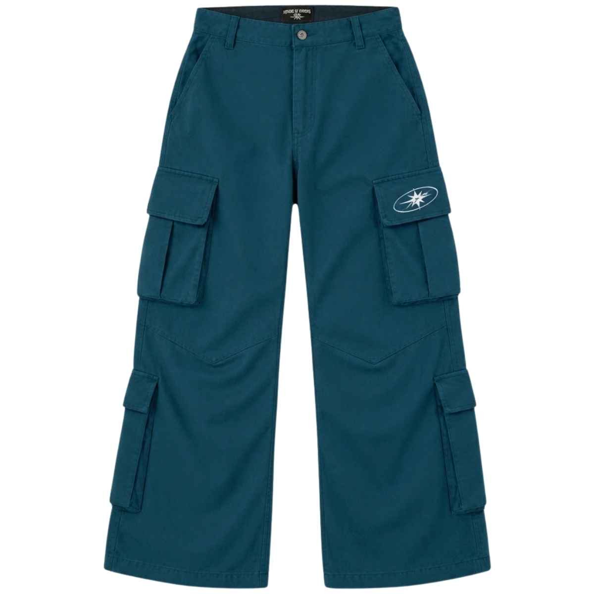 House Of Errors Teal Blue Cargo Trousers Front View House Of Errors Teal Blue Cargo Trousers front view showing cargo design