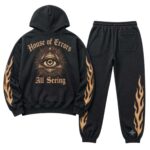 All Seeing Flame Tracksuit back view in black with gold flame graphics