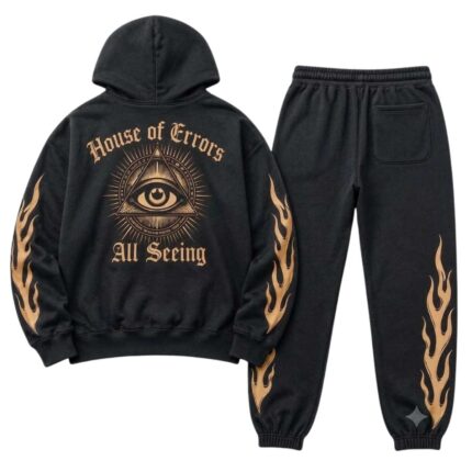 All Seeing Flame Tracksuit back view in black with gold flame graphics
