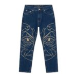 House of Errors Deep Wash Graphic Jeans front view with graphic denim design