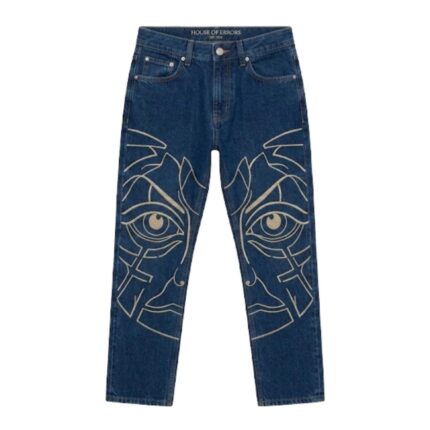 House of Errors Deep Wash Graphic Jeans front view with graphic denim design