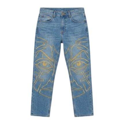 House of Errors Eye Embroidery Denim Jeans front view with eye embroidery detail