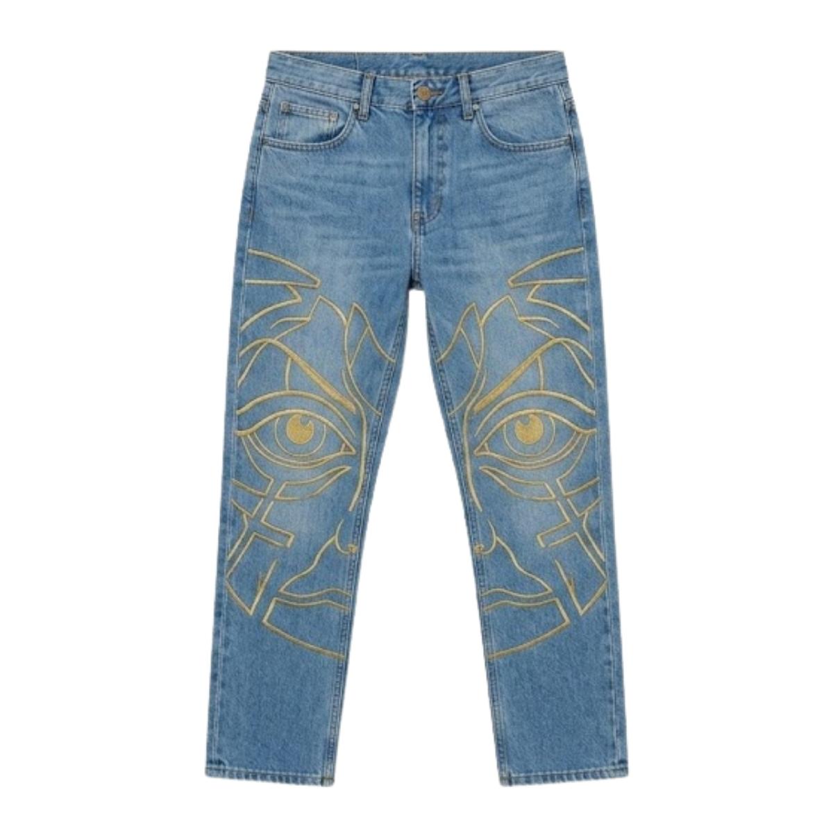 House of Errors Eye Embroidery Denim Jeans Front View House of Errors Eye Embroidery Denim Jeans front view with eye embroidery detail