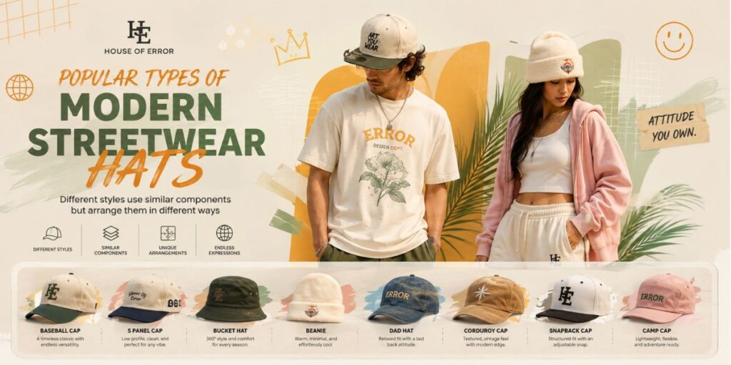 The Anatomy of Modern Streetwear Hats 5 Popular modern streetwear hats including caps, beanies, bucket hats, and snapbacks