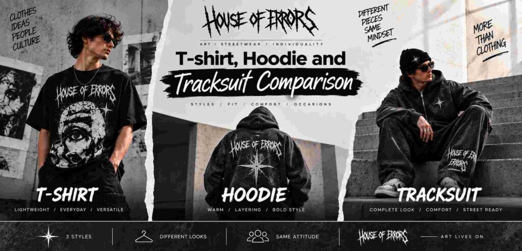 T shirt hoodie and tracksuit comparison
