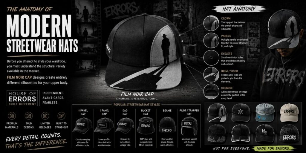 The Ultimate Guide to Streetwear Hats & Headwear Styling 3 Anatomy of modern streetwear hats showing key design elements and features