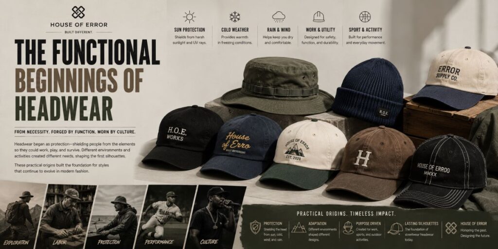 The Evolution of Streetwear Headwear: From Function to Fashion 2 Early functional headwear designed for protection from sun, cold, rain, and wind